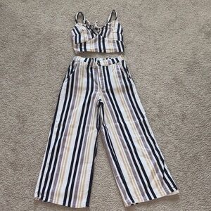 Hollister Striped Wide Leg Two-Piece Set - Black, White, Tan